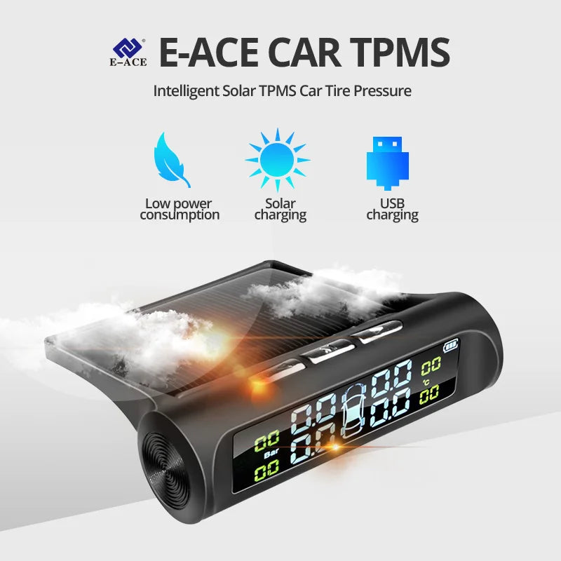 E-ACE Solar TPMS Car Tire Monitor Tire Pressure Sensor Auto Security Alarm Systems Digital Display Tyre Pressure - MegaloDrop
