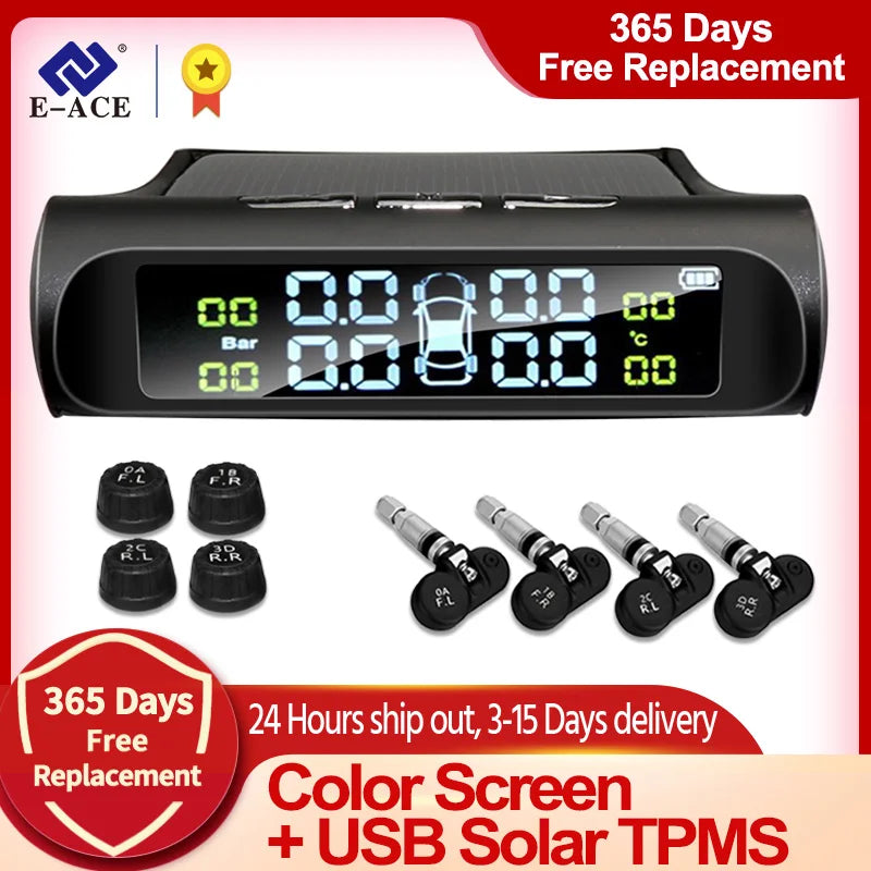 E-ACE Solar TPMS Car Tire Monitor Tire Pressure Sensor Auto Security Alarm Systems Digital Display Tyre Pressure - MegaloDrop