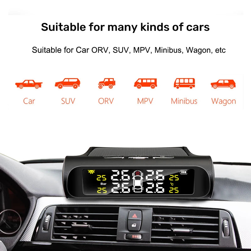 E-ACE Solar TPMS Car Tire Monitor Tire Pressure Sensor Auto Security Alarm Systems Digital Display Tyre Pressure - MegaloDrop