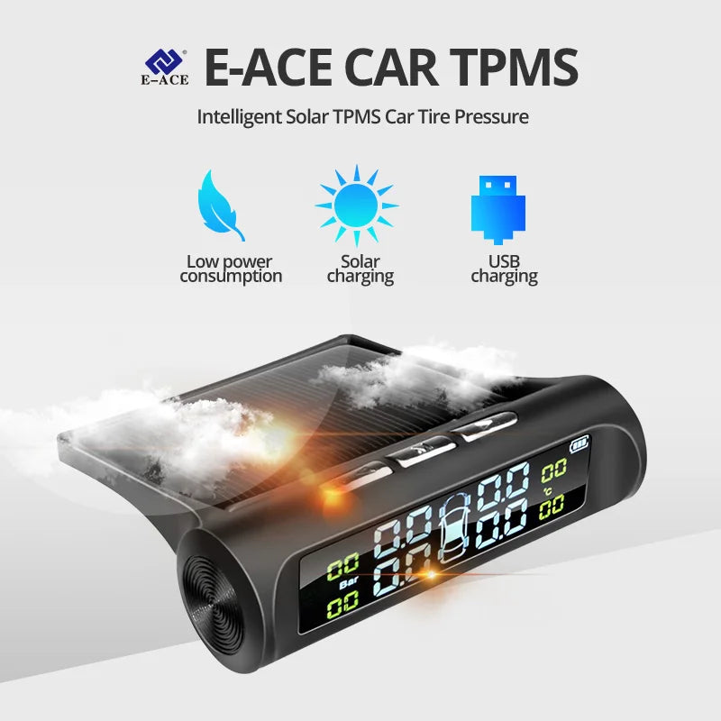 E-ACE Solar TPMS Car Tire Monitor Tire Pressure Sensor Auto Security Alarm Systems Digital Display Tyre Pressure