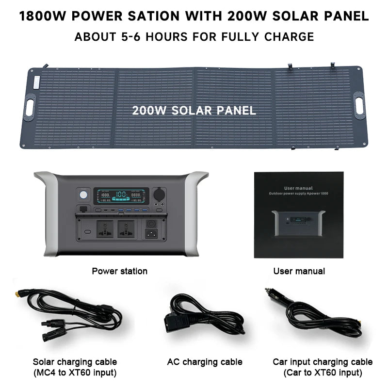 Camping Portable Power Station Solar Generator 1000W 2000W Lifepo4 Battery 220V AC Outlets Power Flexible Solar Panel Equipment