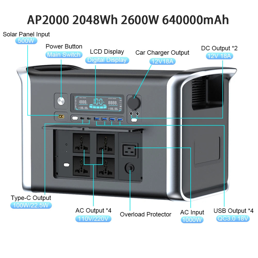 Camping Portable Power Station Solar Generator 1000W 2000W Lifepo4 Battery 220V AC Outlets Power Flexible Solar Panel Equipment